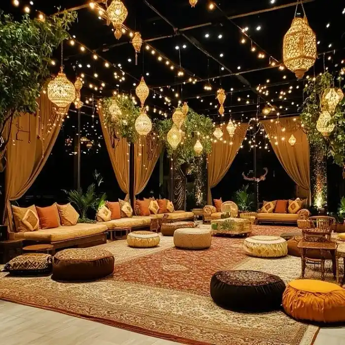 A lantern-lit majlis with gold drapes, low seating and floor cushions under strings of warm light